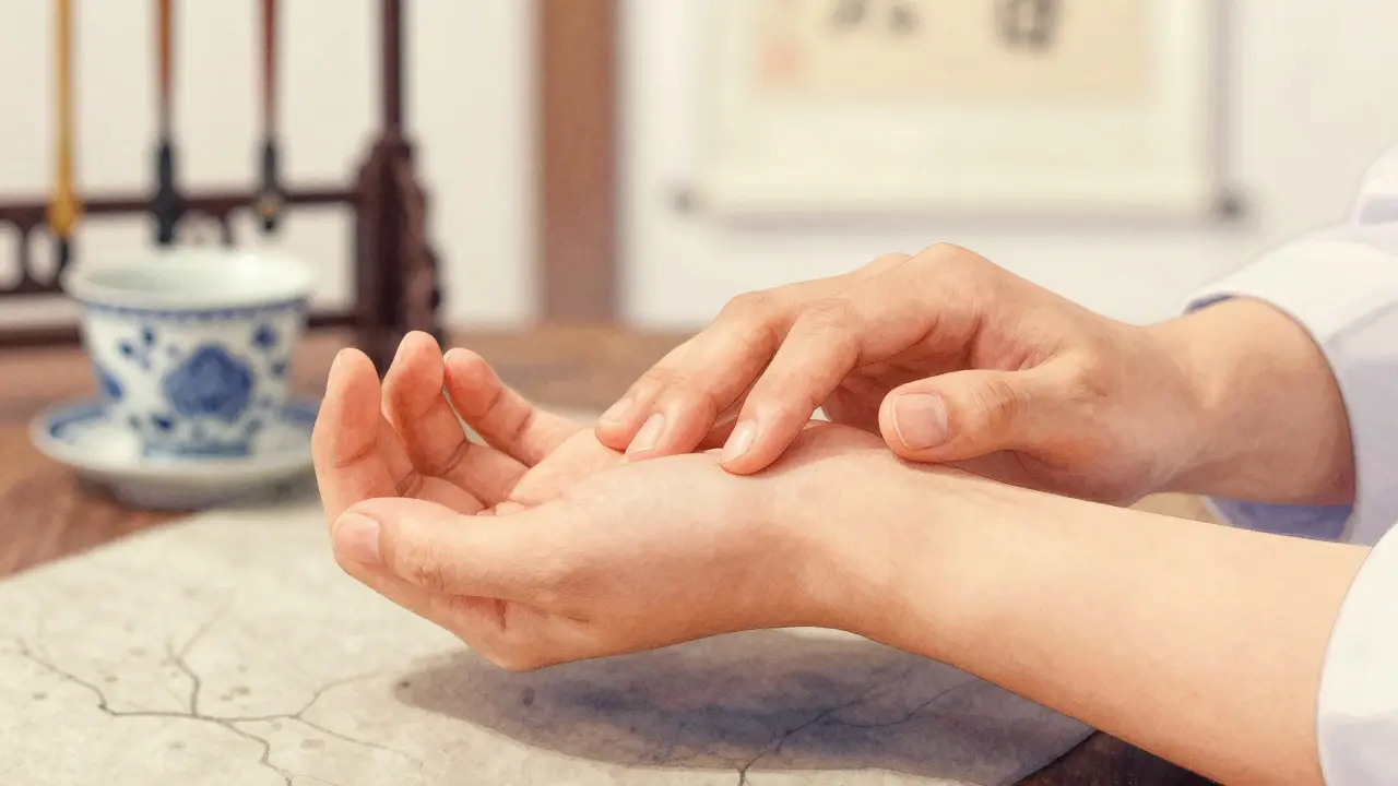 Ruky terapeuta na zápěstí klienta při diagnostice pulsu v klidné místnosti s čínskými prvky.