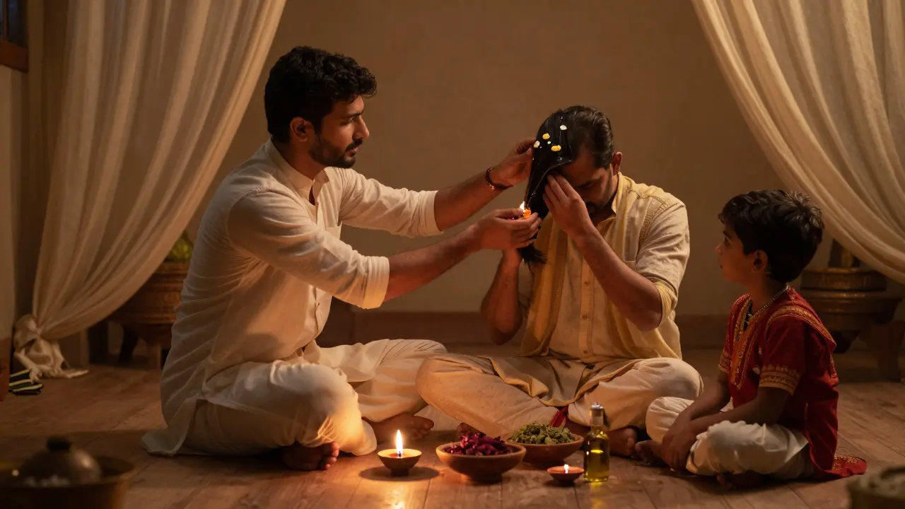 Tradiční indická masáž hlavy doma, s dvojicí a dítětem v pozadí.