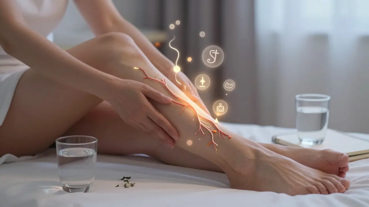 Žena masíruje nohy rukama s olejem, kolem ní plavou symboly lymfy a kolagenu ve třešňovém světle.