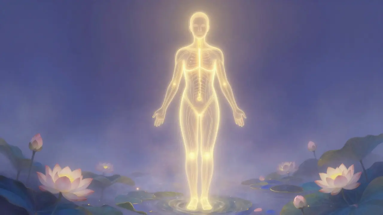 Abstraktní silueta lidské postavy s proudící energetickou energií.