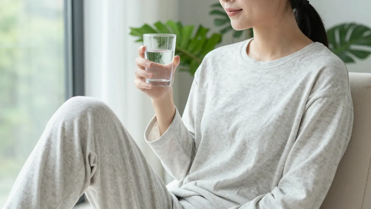 Člověk v bavlněném oblečení pije vodu po regenerační proceduře.