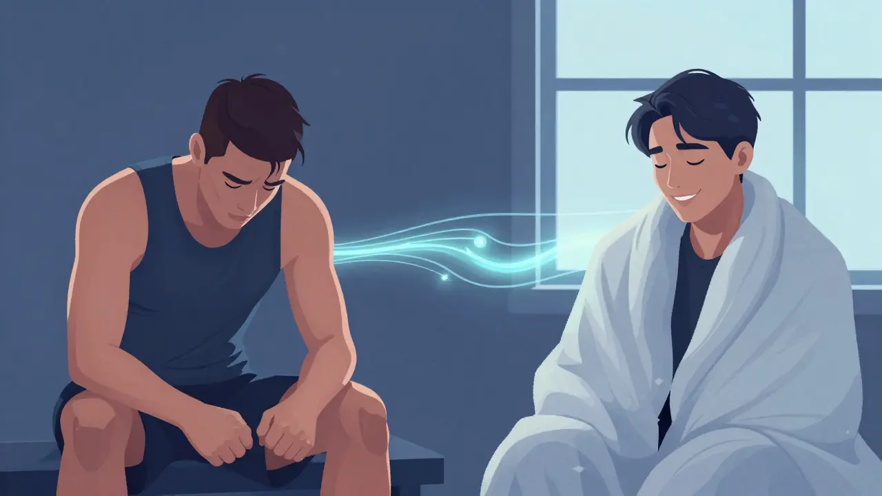 Dvě části obrázku: unavený sportovec po tréninku a ten samý člověk později klidný a uvolněný, symbolizující obnovu těla.