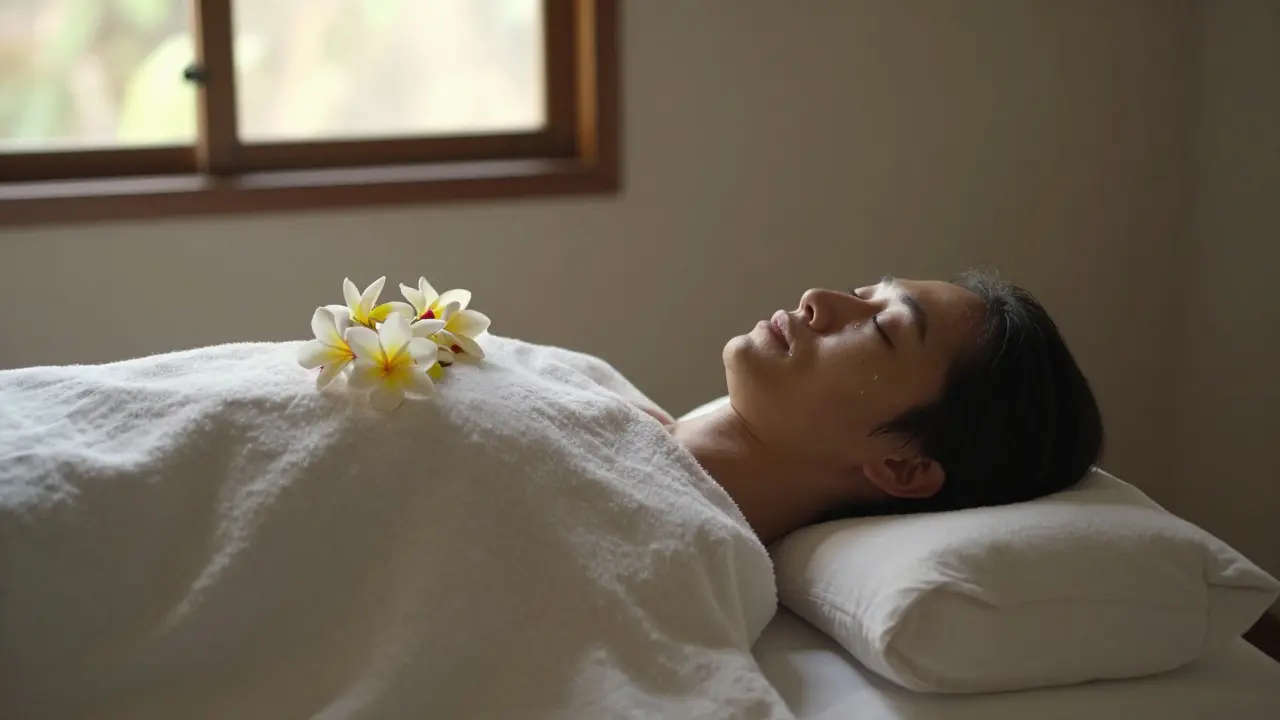 Klient leží po seanci v klidu, slzy na tváři, světlo vstávajícího slunce osvětluje pokoj.