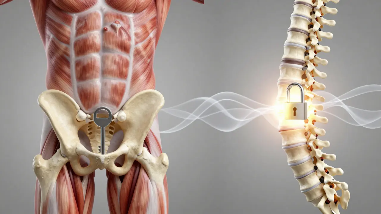Koncepční znázornění zablokovaného a uvolněného kloubu mezi bederní páteří a křížem.