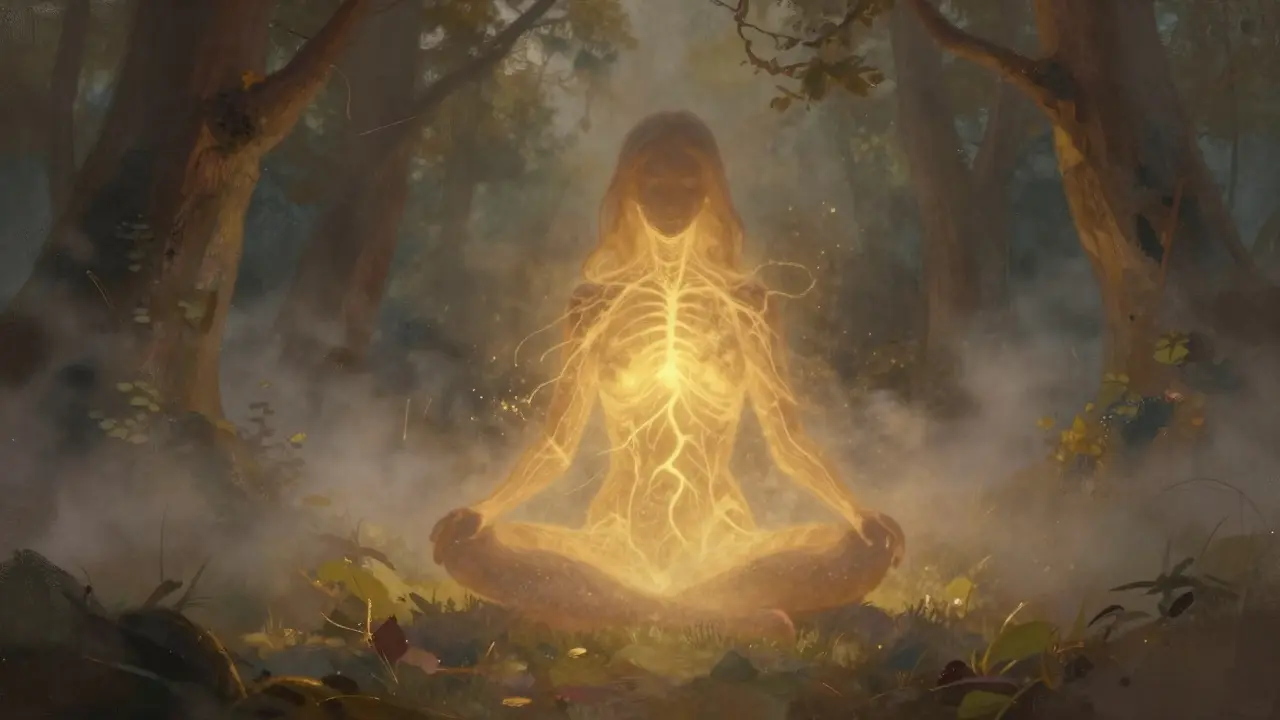 Lidská silueta v lese zářící zlatým světlem energie.