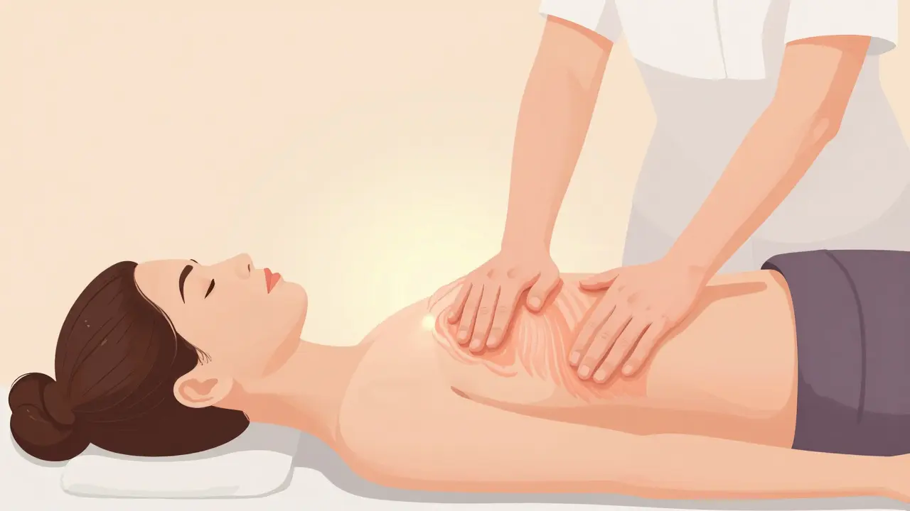 Odbornice provádí postpartum masáž s jemnými pohyby na nohou a zádech.