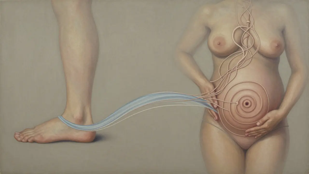 Symbolická reprezentace tří technik masáže po porodu jako toků energie.