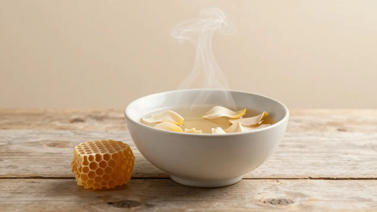 Teplá voda s květy a medovým plástvem na stůle.