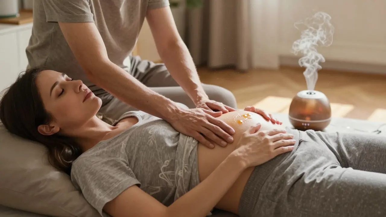 Žena dostává jemnou masáž břicha od partnera v domácím prostředí.