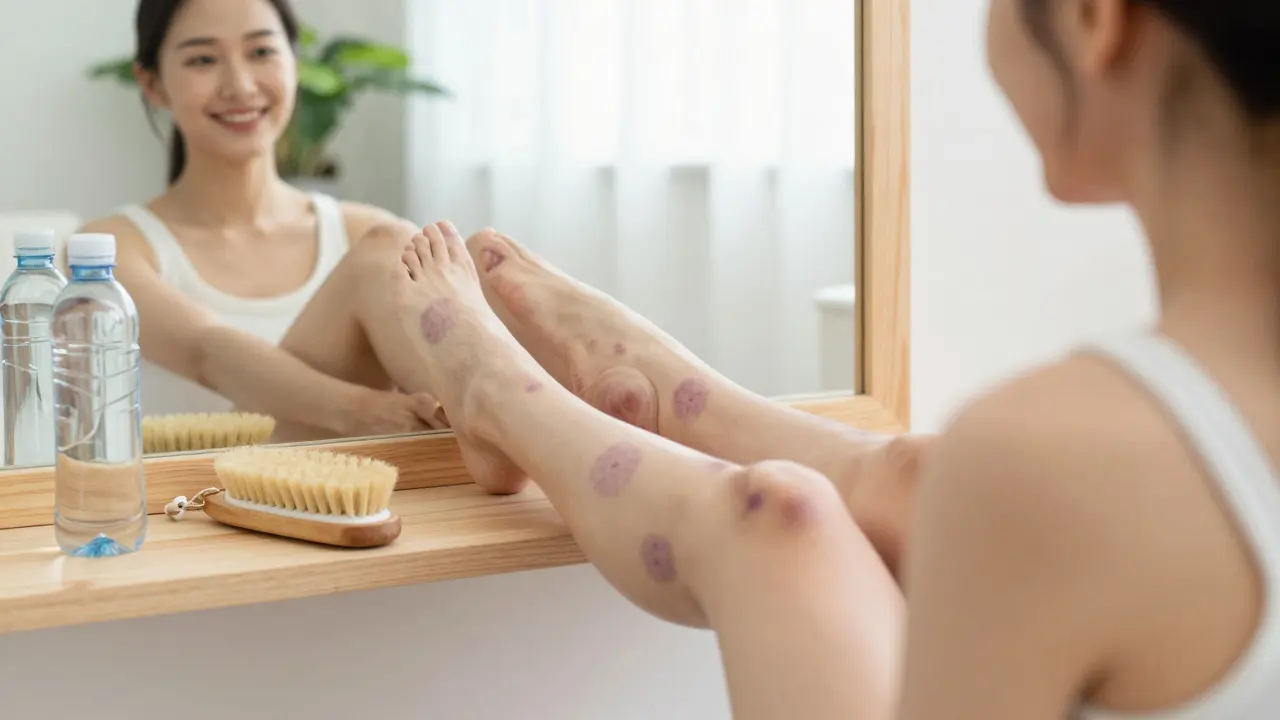 Žena se dívá do zrcadla a vidí zlepšení vzhledu kůže po masáži baňkami.