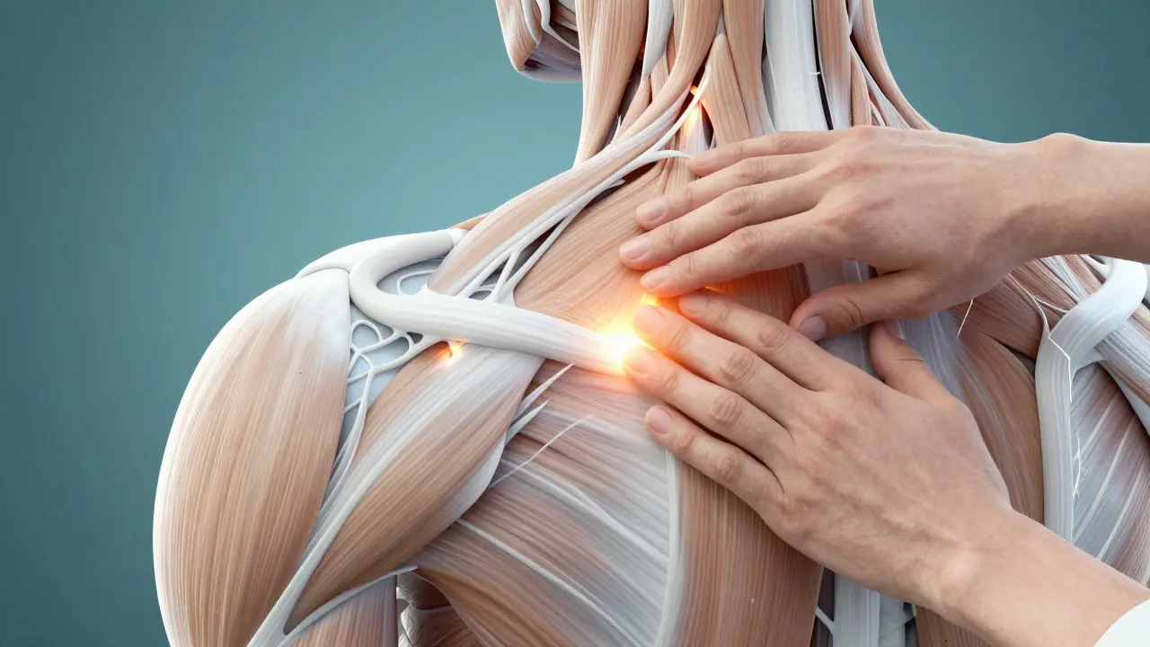 3D ilustrace svalů krku a ramen s detailem uvolňování svalového uzlu terapeutickým tlakem.