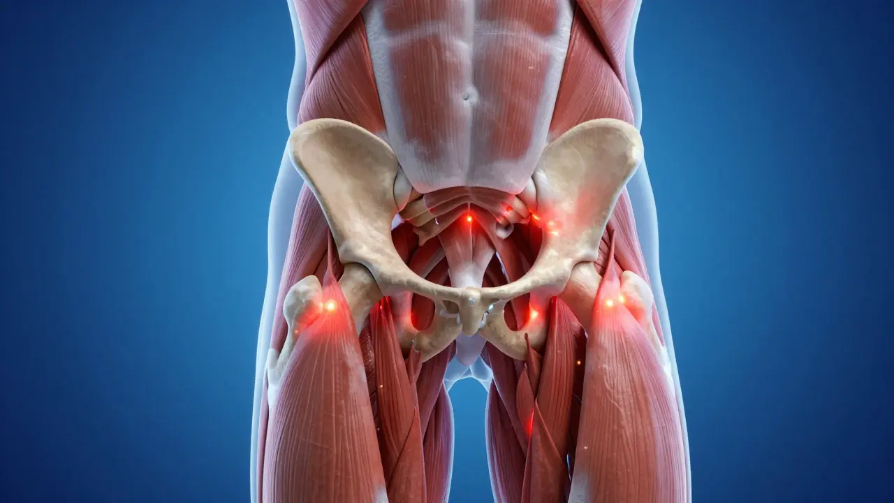 Anatomické znázornění svalů kyčle s červenými bolestivými uzly.