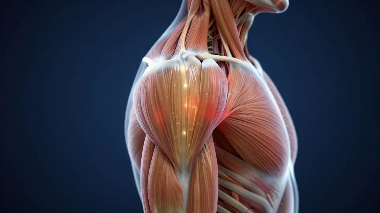 Anatomický model ramenního kloubu s vyznačenými bolestivými trigger pointy.