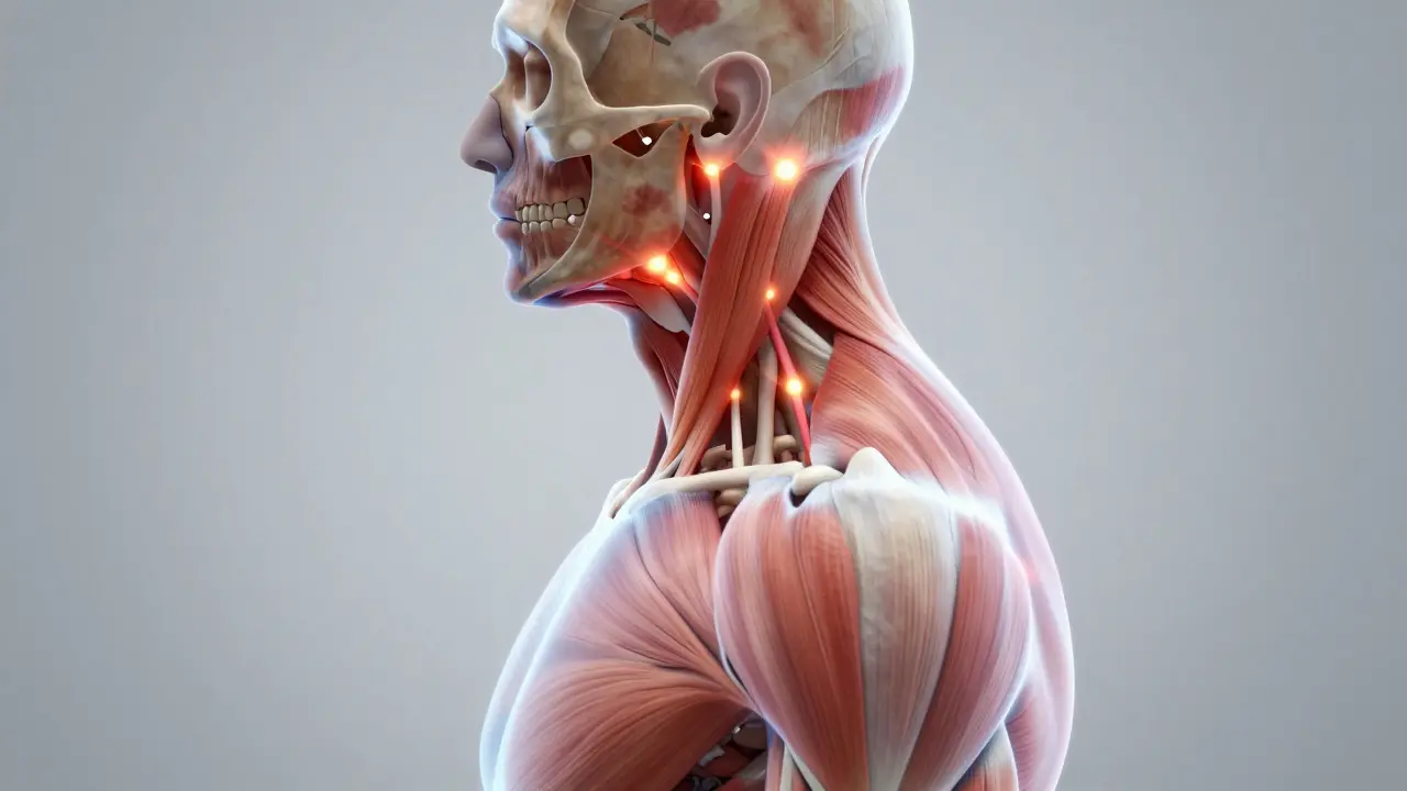 Anatomický nárys krku a ramen s červeně zvýrazněnými spoušťovými body napětí.