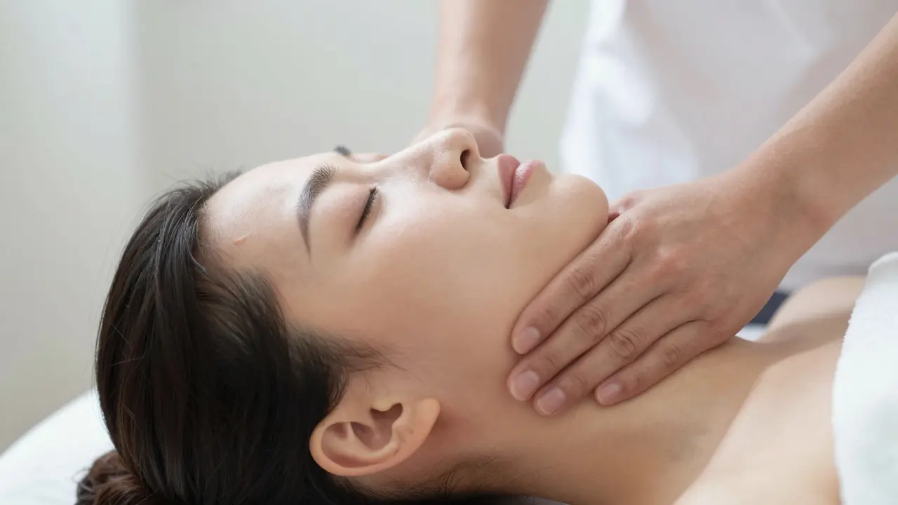 Detailní záběr na terapeutickou masáž oblasti krku a základny lebky pro úlevu od bolesti.