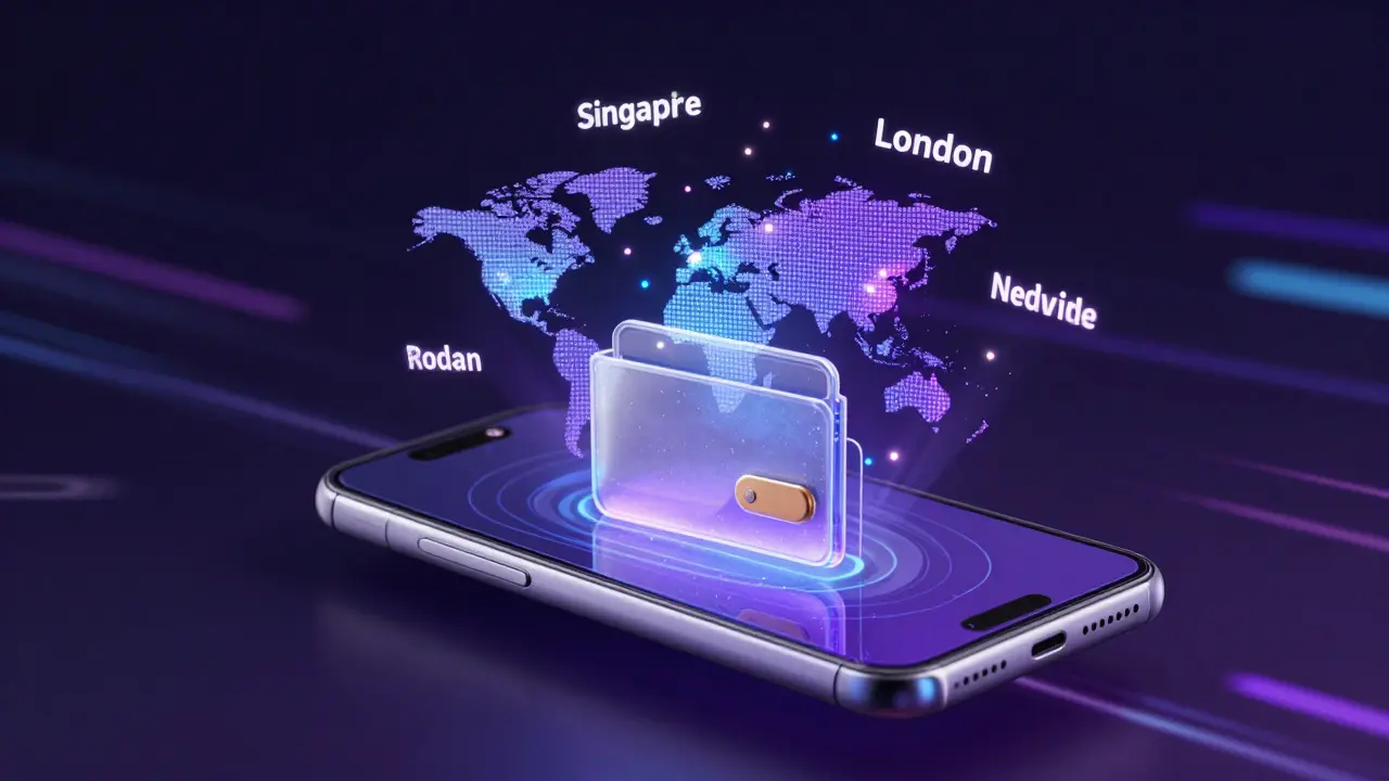 Holografický chytrý telefon znázorňující fungování digitálních neobank.