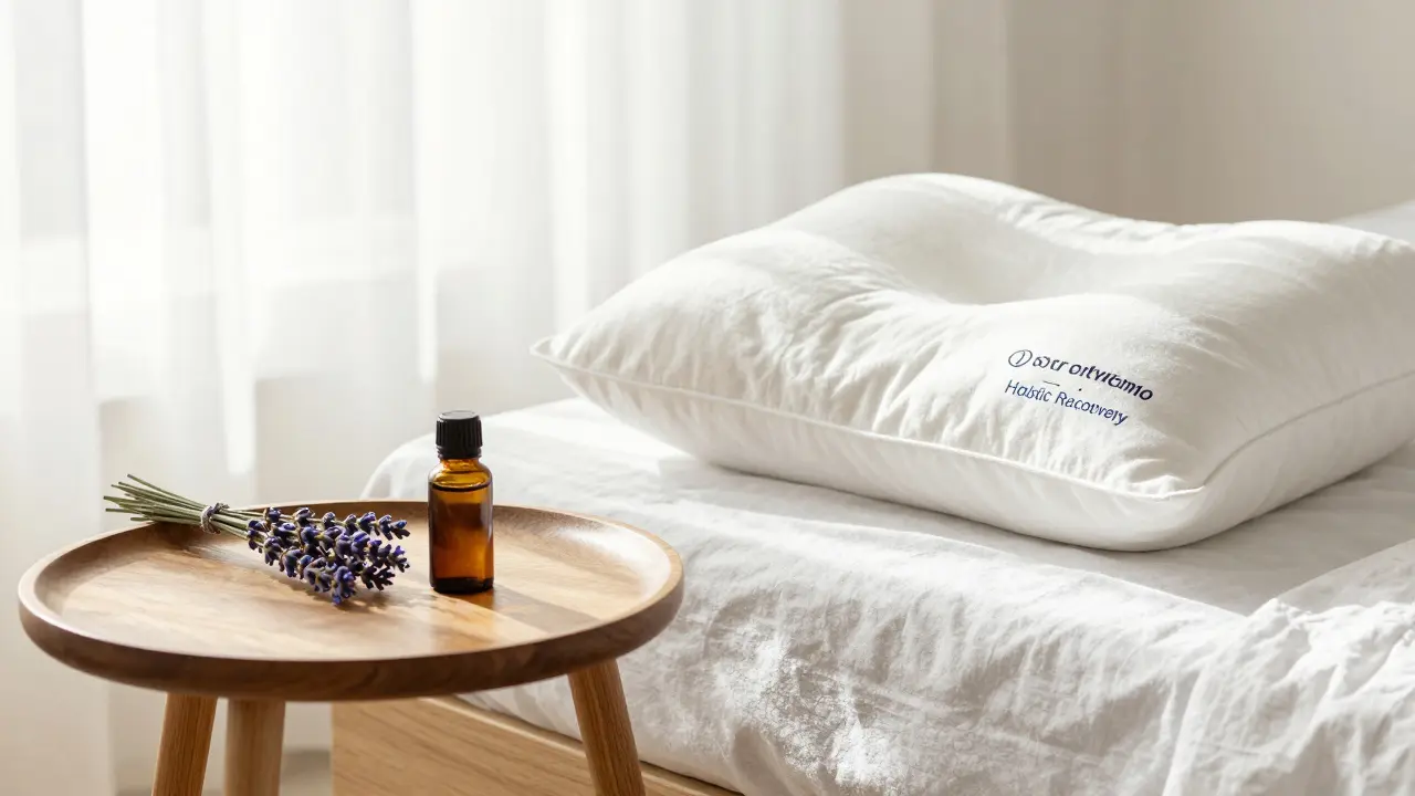 Klidné prostředí s levandulí a anatomickým polštářem pro prevenci bolestí hlavy.