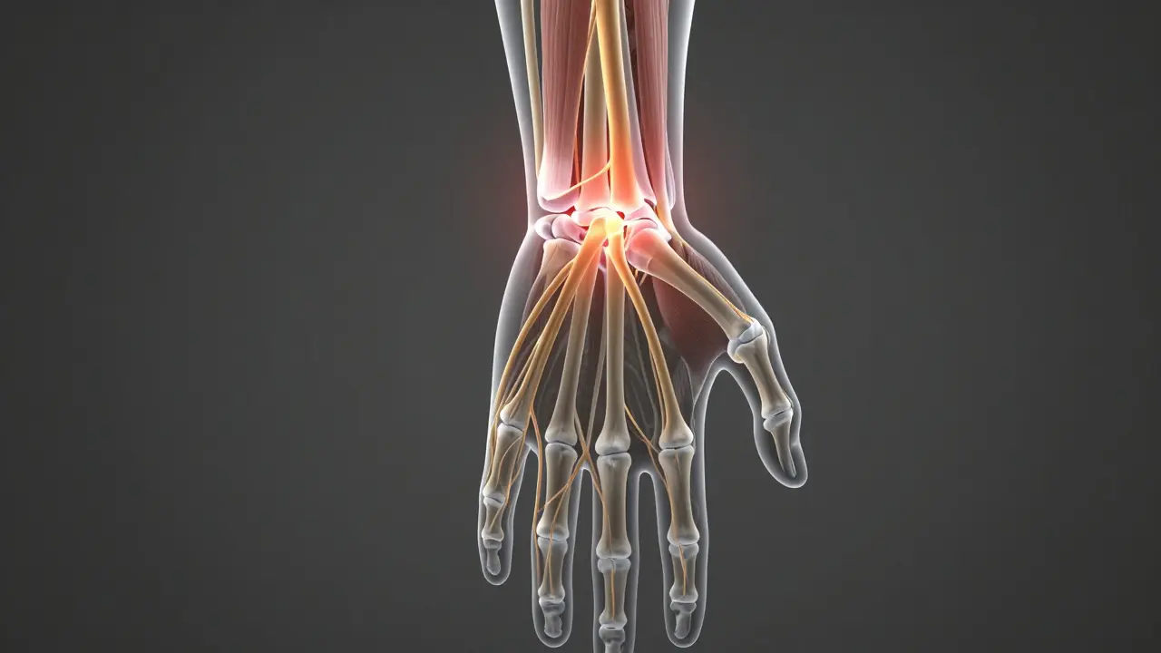 Konceptuální zobrazení anatomie ruky s vyznačenými nervy a bolestivými body.