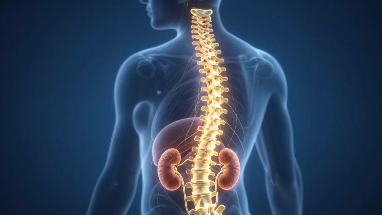 Konceptuální zobrazení páteře jako zlaté dálnice vysílající energii do vnitřních orgánů.