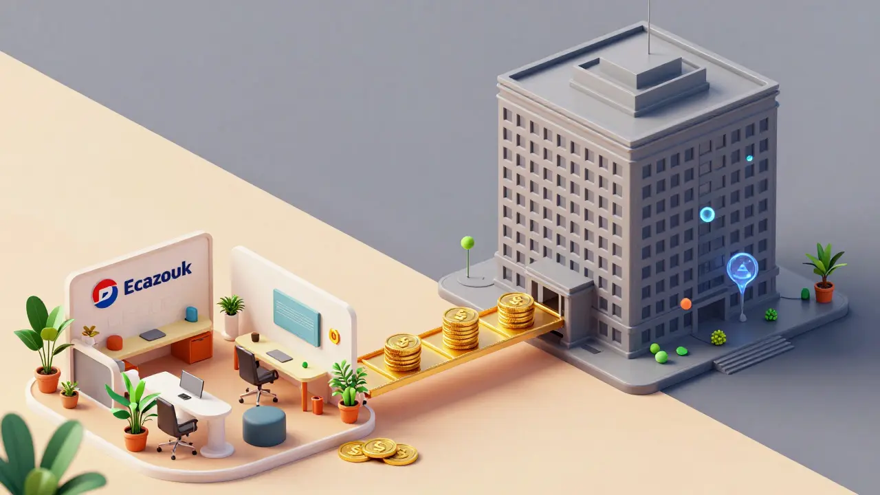 Kontrast mezi monumentní globální bankou a moderní lokální českou bankou.