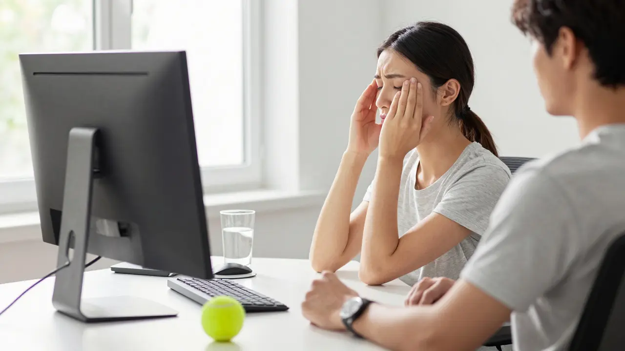 Moderní pracovní kout s ergonomickým vybavením a pomůckami pro domácí uvolnění svalů.