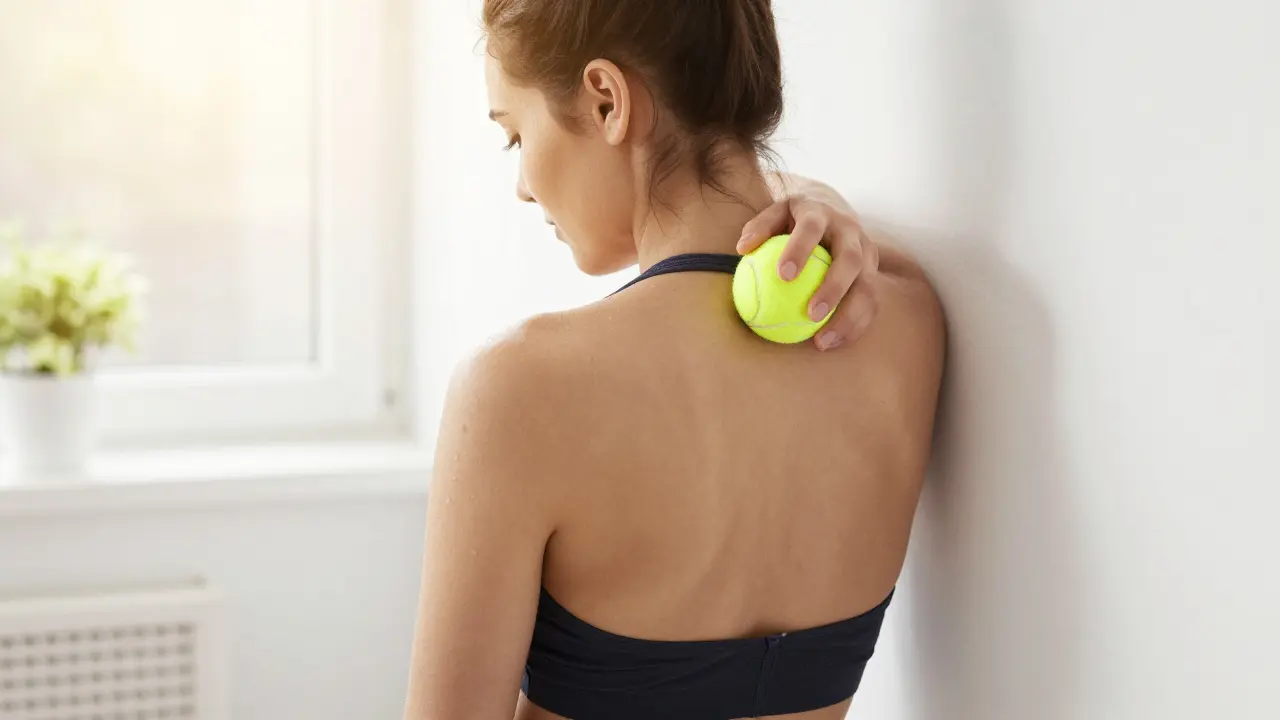 Osoba používající tenisový míček k domácí masáži oblasti lopatky u zdi.