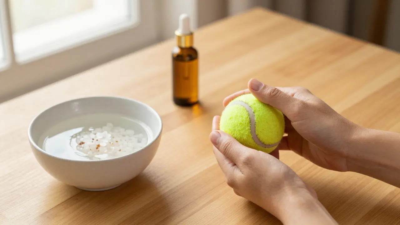 Sebemasáž dlaně pomocí tenisového míčku s teplou vodou a olejem v pozadí.