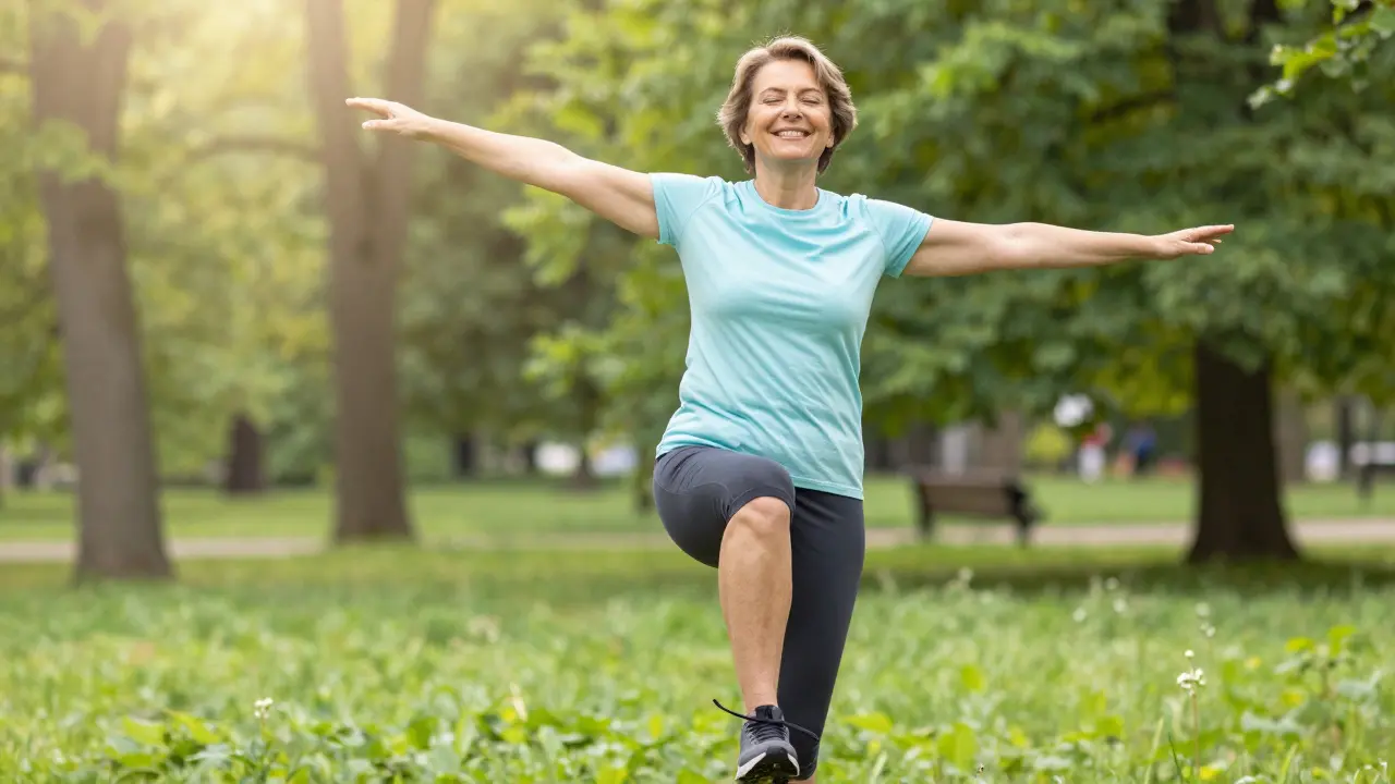 Šťastný člověk v parku s plným rozsahem pohybu symbolizujícím návrat k životu bez bolesti.