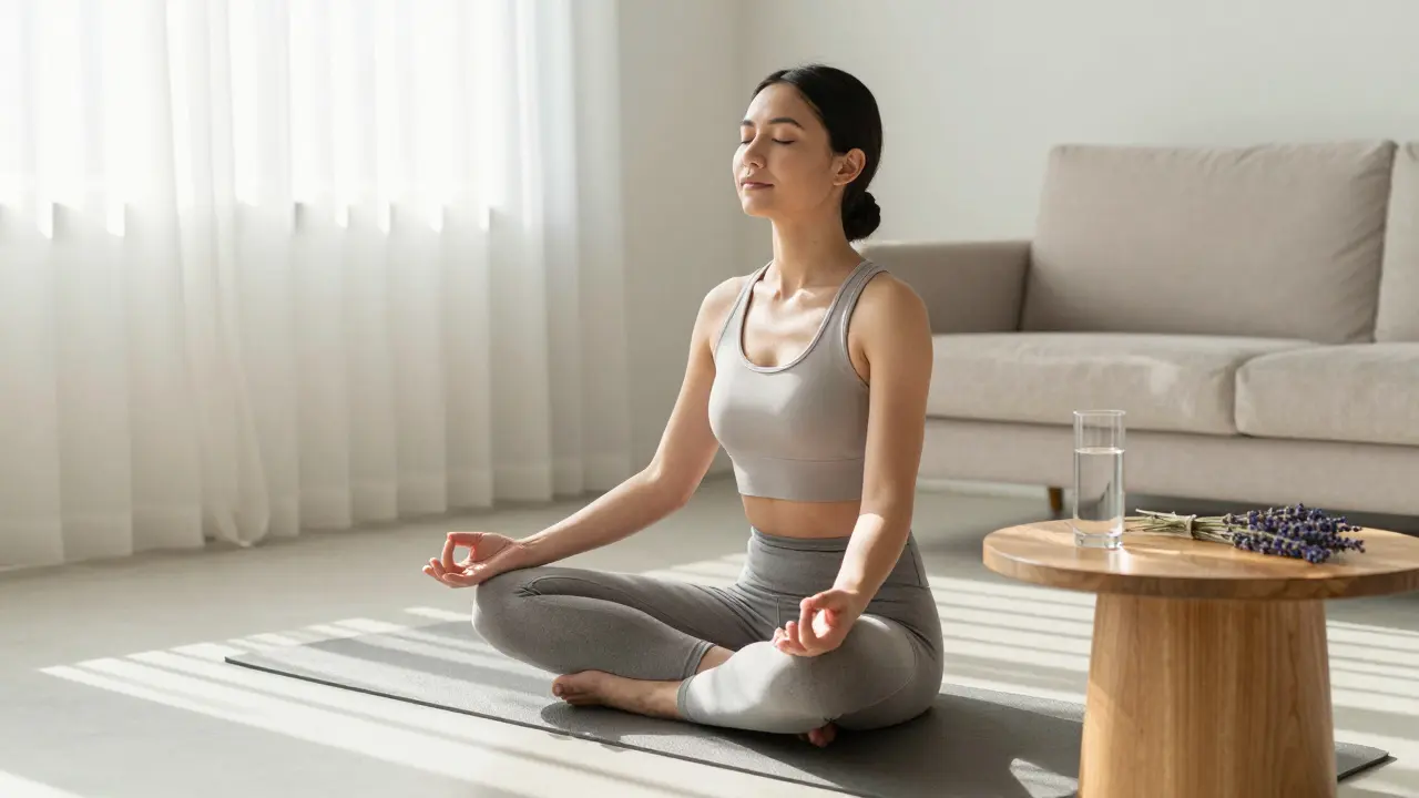 Člověk v meditaci po masáži v osluněné místnosti