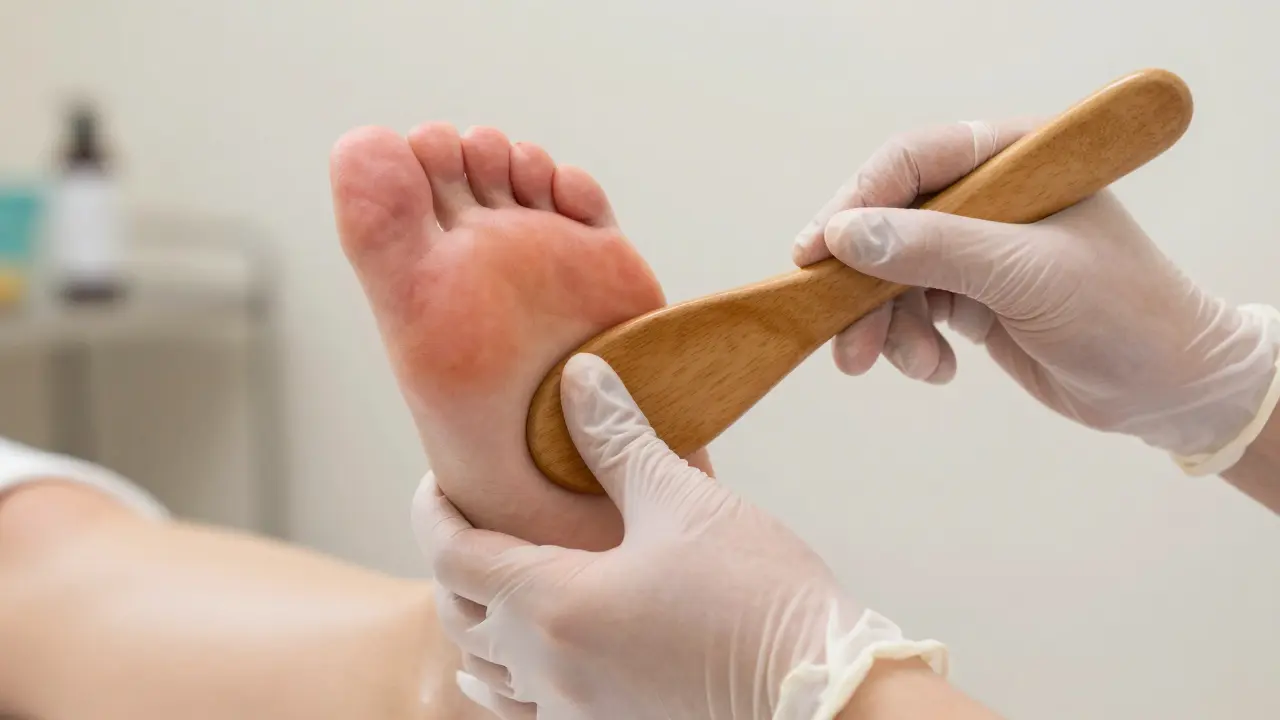 Detailní záběr na reflexní masáž chodidel pomocí dřevěného nástroje