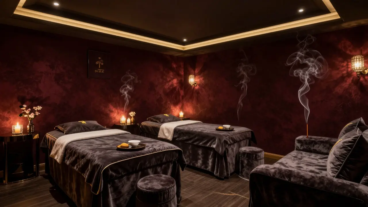 Luxurious, dimly lit private massage room interior with velvet decor.