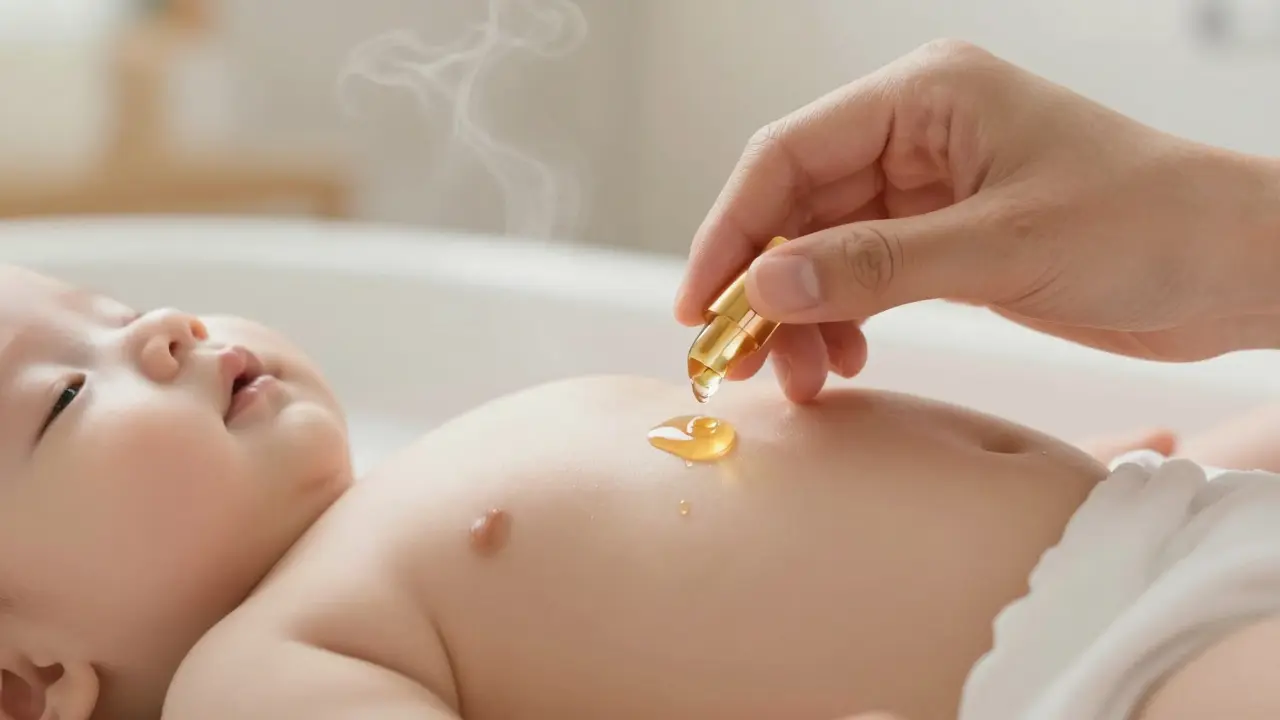 Záběr na ruce nanášející mandlový olej na kůži dítěte po koupeli