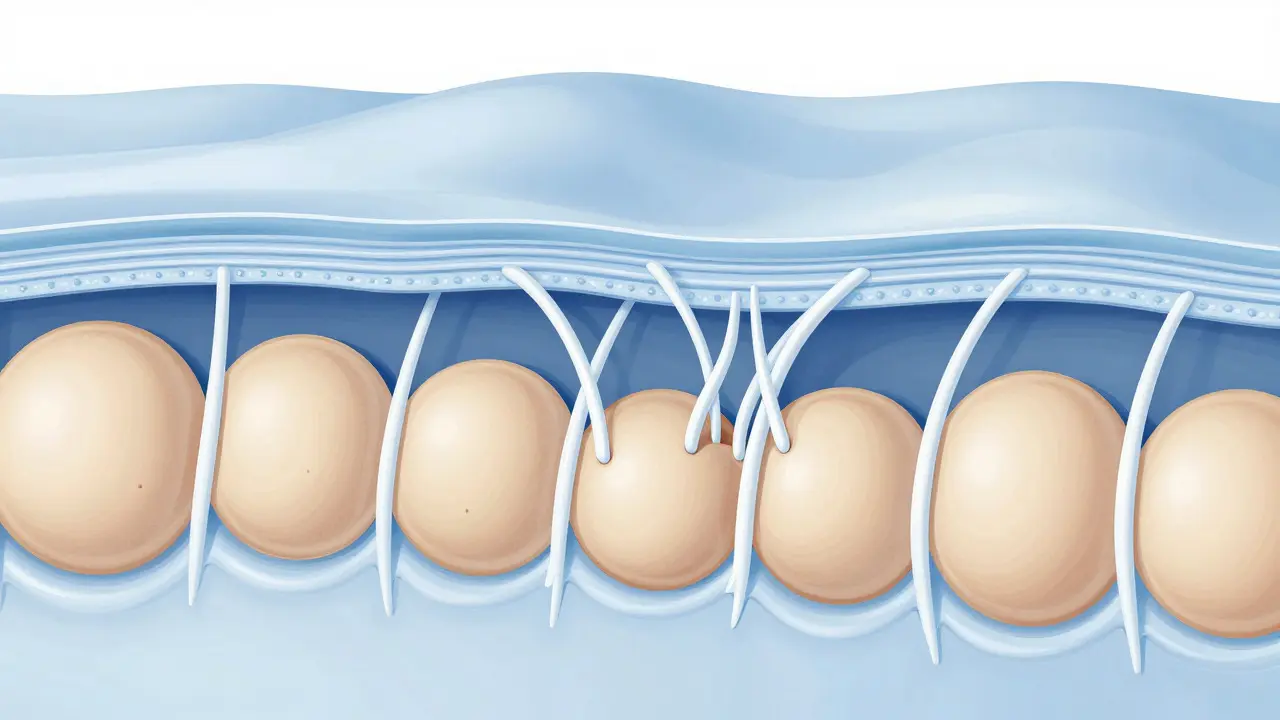 Anatomická ilustrace tukových buněk a vazivových vláken v podkoží