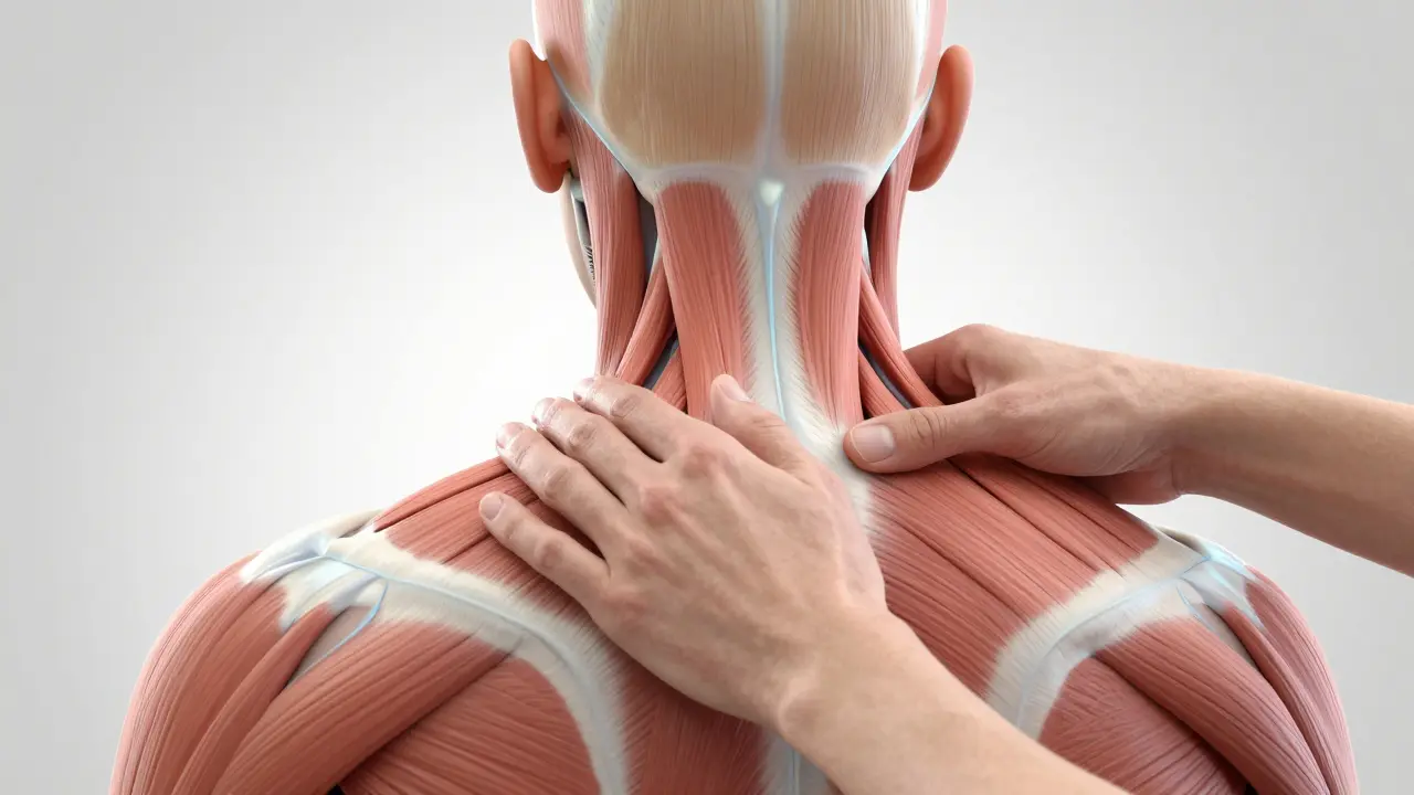 Anatomické zobrazení bodů na krku a ramenou pro masáž při migréně