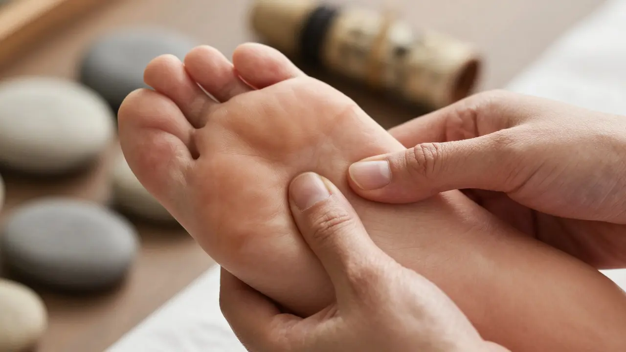 Detailní záběr rukou terapeuta provádějících reflexologii na chodidle