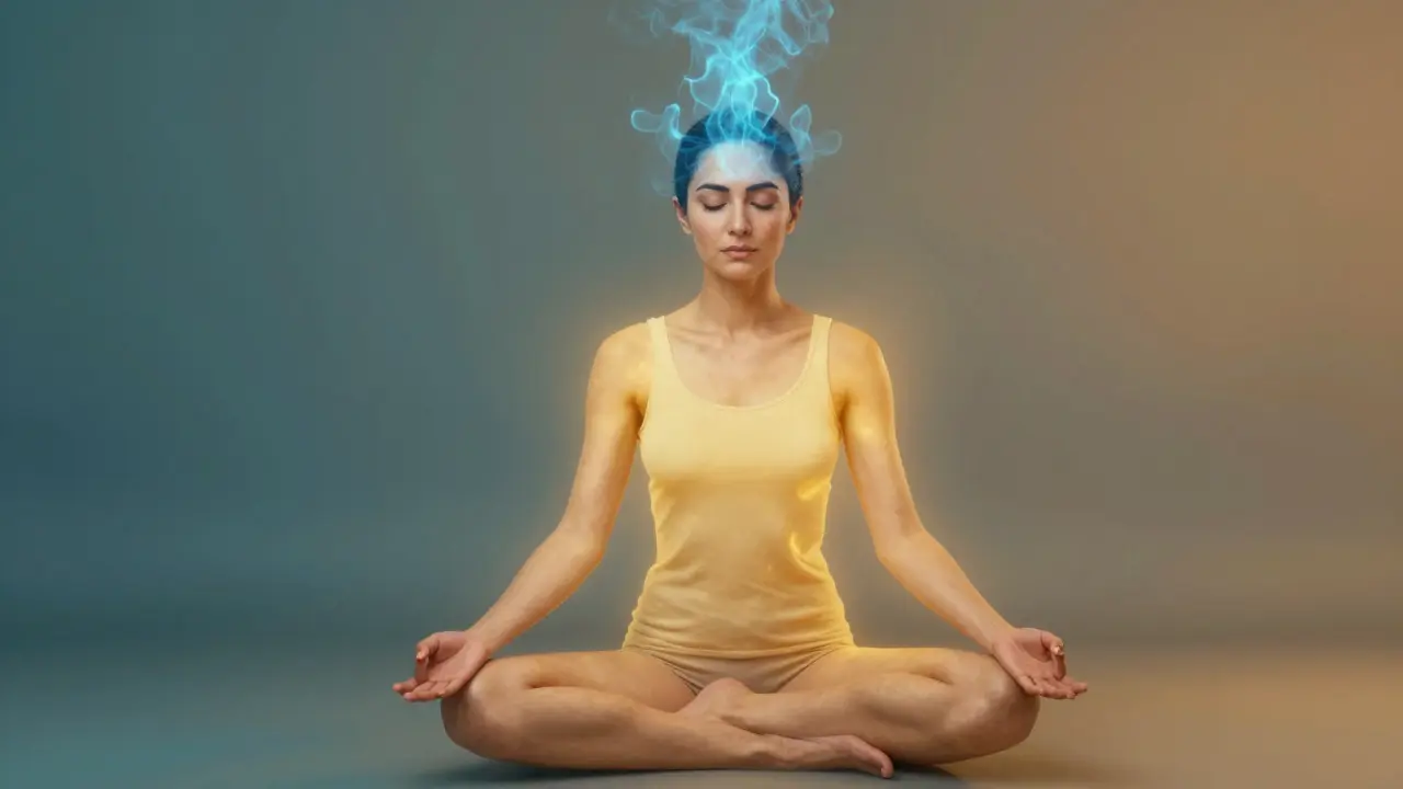 Zena v meditaci s chladnym a teplym svetlem pro uklidneni mysli