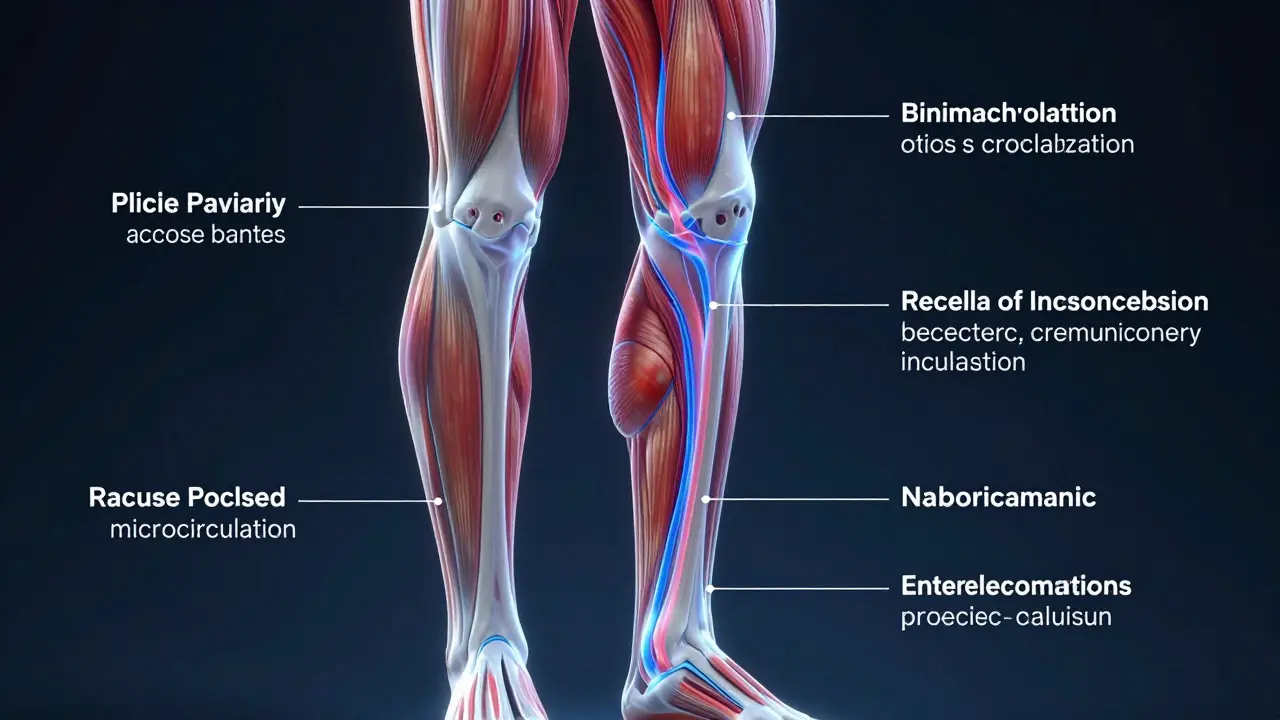 Abstraktní vizualizace zlepšeného prokrvení a odvodu metabolitů ve svalech