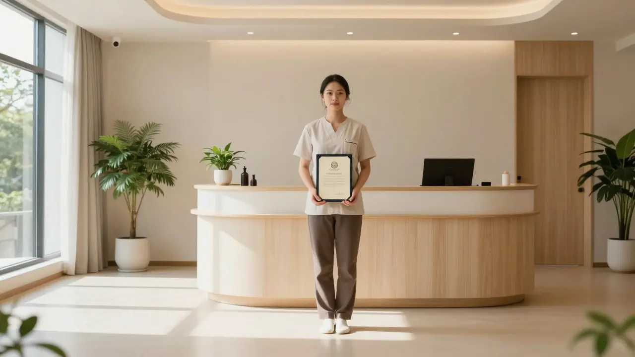 Confident massage therapist holding a certificate in a modern clinic