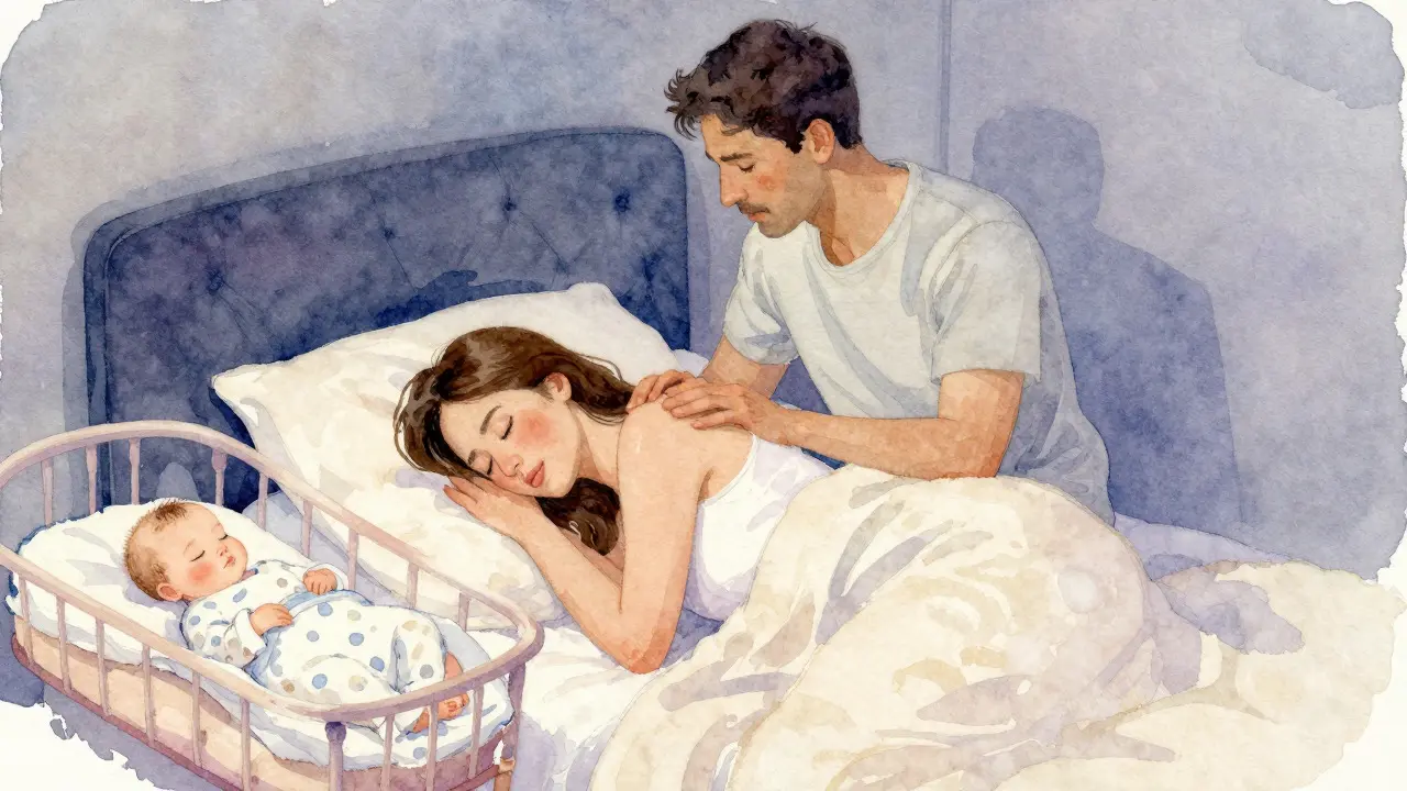 Ilustrace otce masírujícího ramena matky, zatímco dítě spí v kołysce