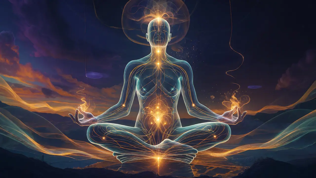 Konceptuální vizualizace energetických drah Qi svítících zlatě na siluetě osoby v meditaci.