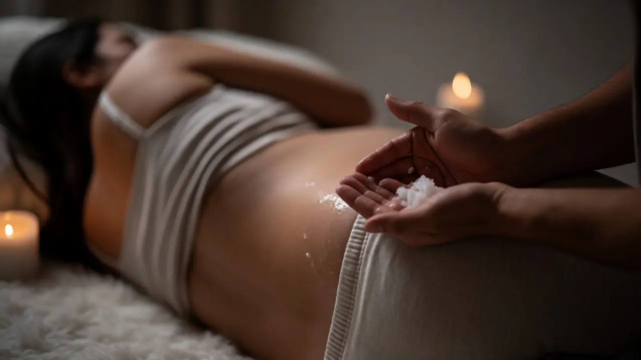 Partner nanáší kokosový olej na záda těhotné ženy ležící na boku