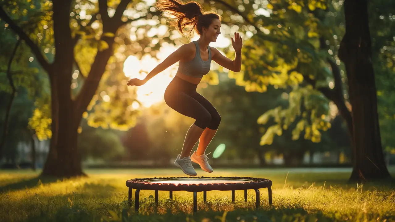 Žena skáče na trampolíně pro podporu lymfatického toku